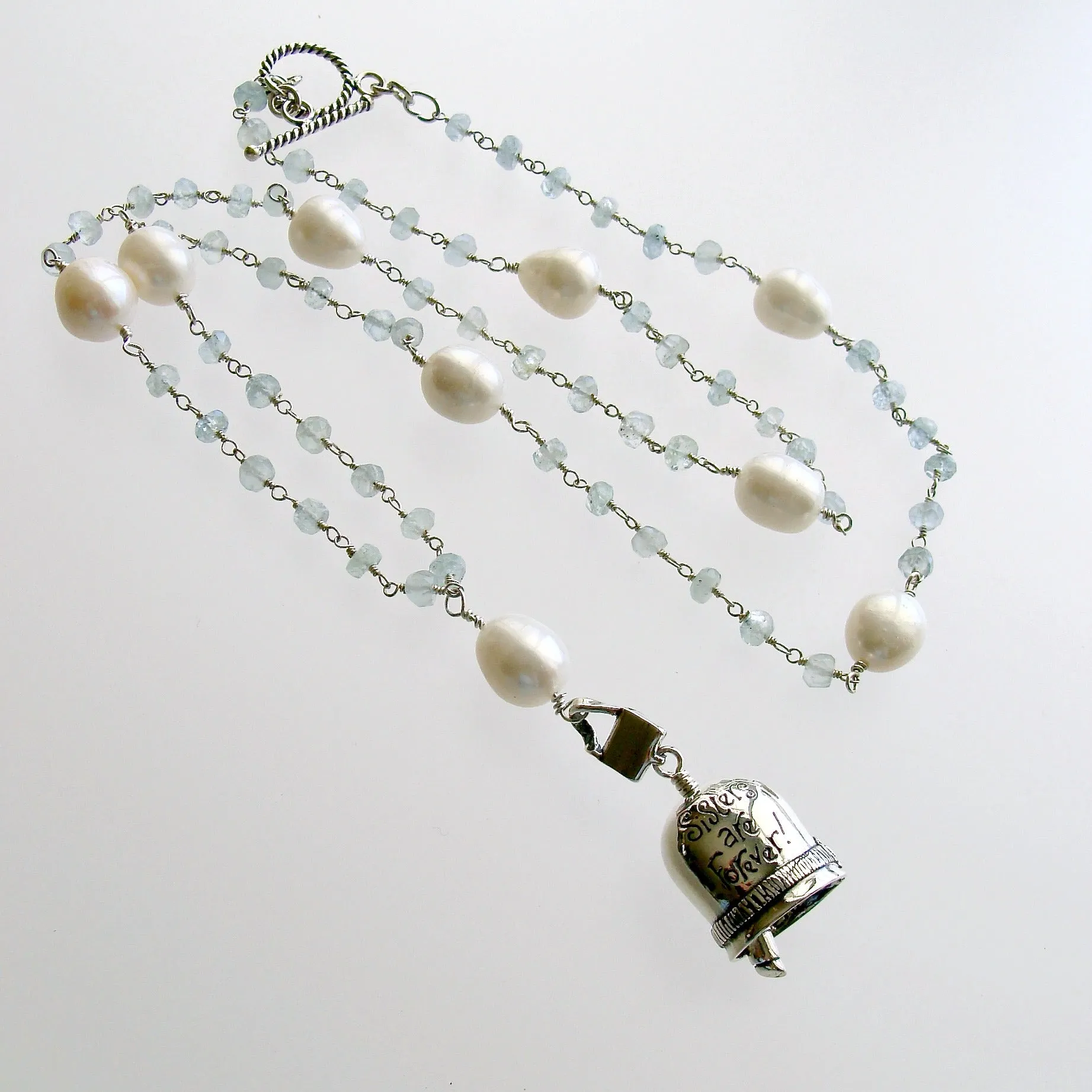 Aquamarine Pearl Sterling Silver “Sisters” Bell Pendant Necklace  - “Sisters” Bell Necklace