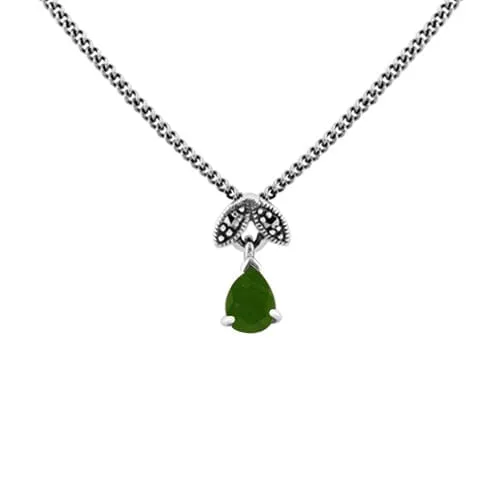 Art Deco Style Style Pear Emerald & Marcasite Leaf Stud Earrings & Pendant Set in 925 Sterling Silver