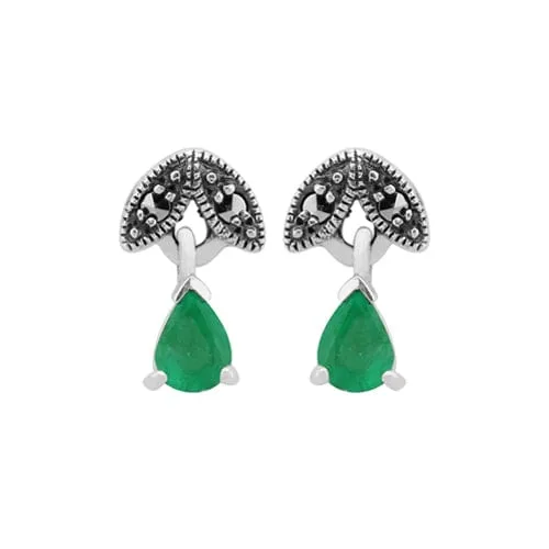 Art Deco Style Style Pear Emerald & Marcasite Leaf Stud Earrings & Pendant Set in 925 Sterling Silver