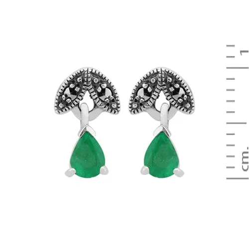 Art Deco Style Style Pear Emerald & Marcasite Leaf Stud Earrings & Pendant Set in 925 Sterling Silver