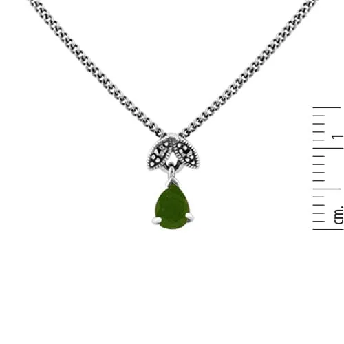 Art Deco Style Style Pear Emerald & Marcasite Leaf Stud Earrings & Pendant Set in 925 Sterling Silver