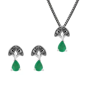 Art Deco Style Style Pear Emerald & Marcasite Leaf Stud Earrings & Pendant Set in 925 Sterling Silver