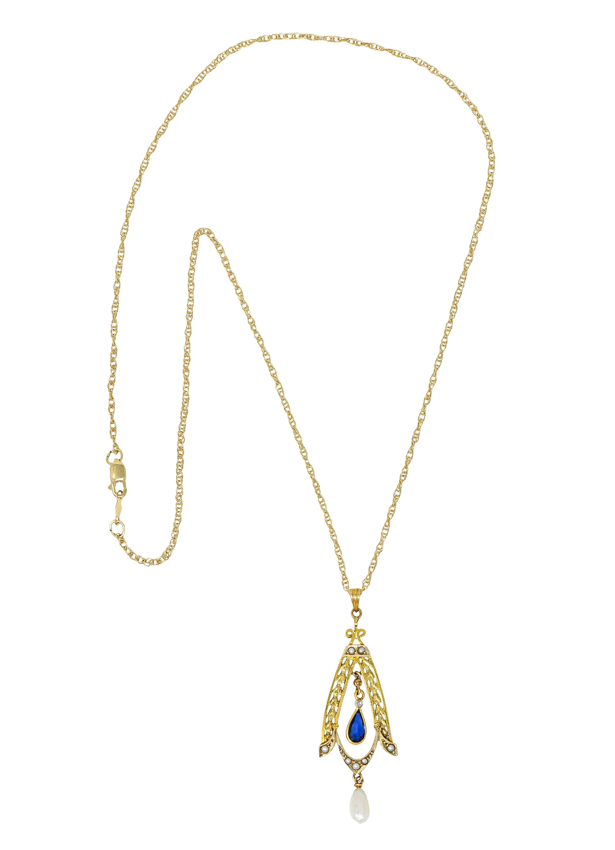 Art Nouveau Sapphire Pearl 14 Karat Two-Tone Gold Laurel Pendant Necklace