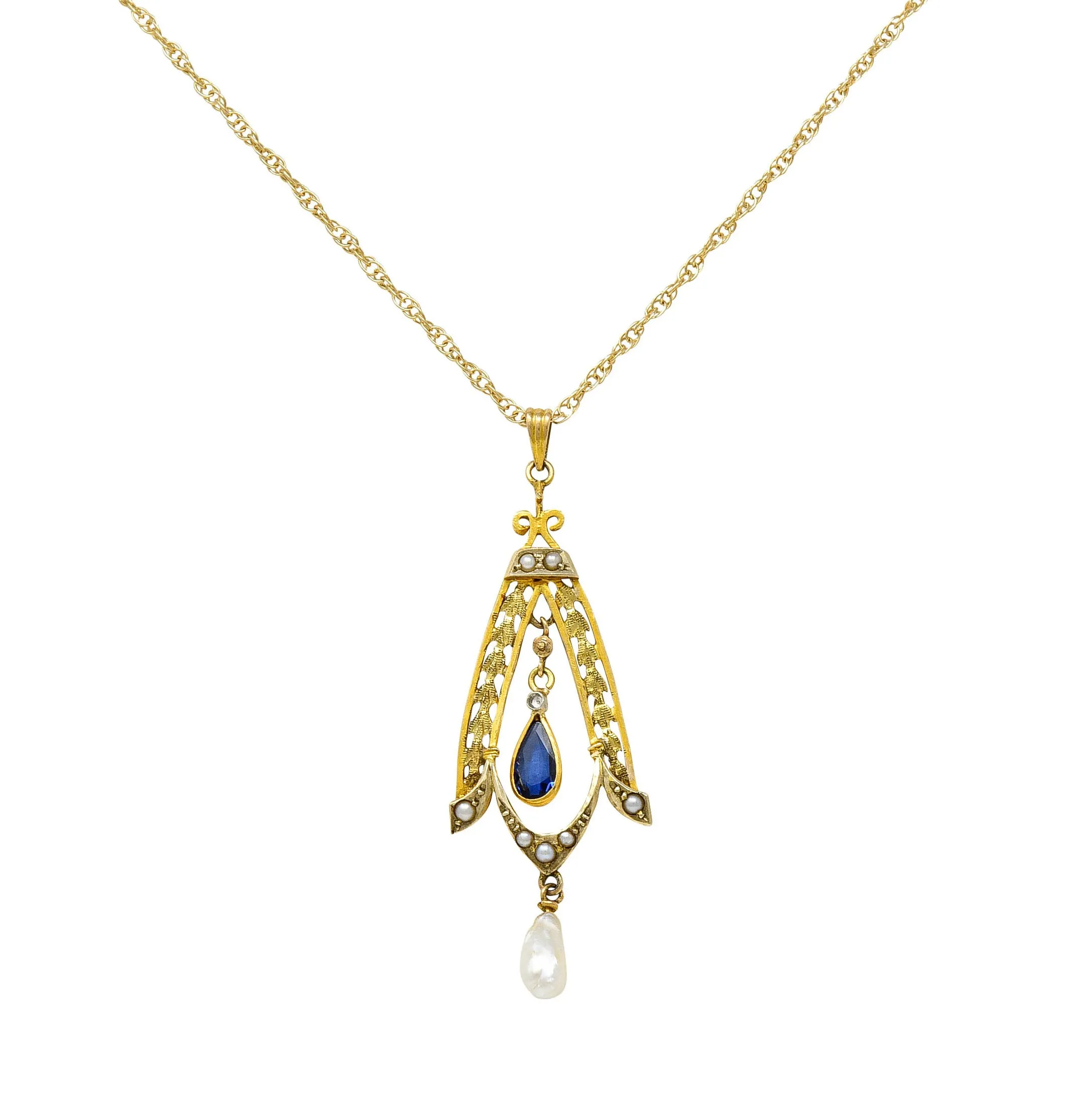 Art Nouveau Sapphire Pearl 14 Karat Two-Tone Gold Laurel Pendant Necklace