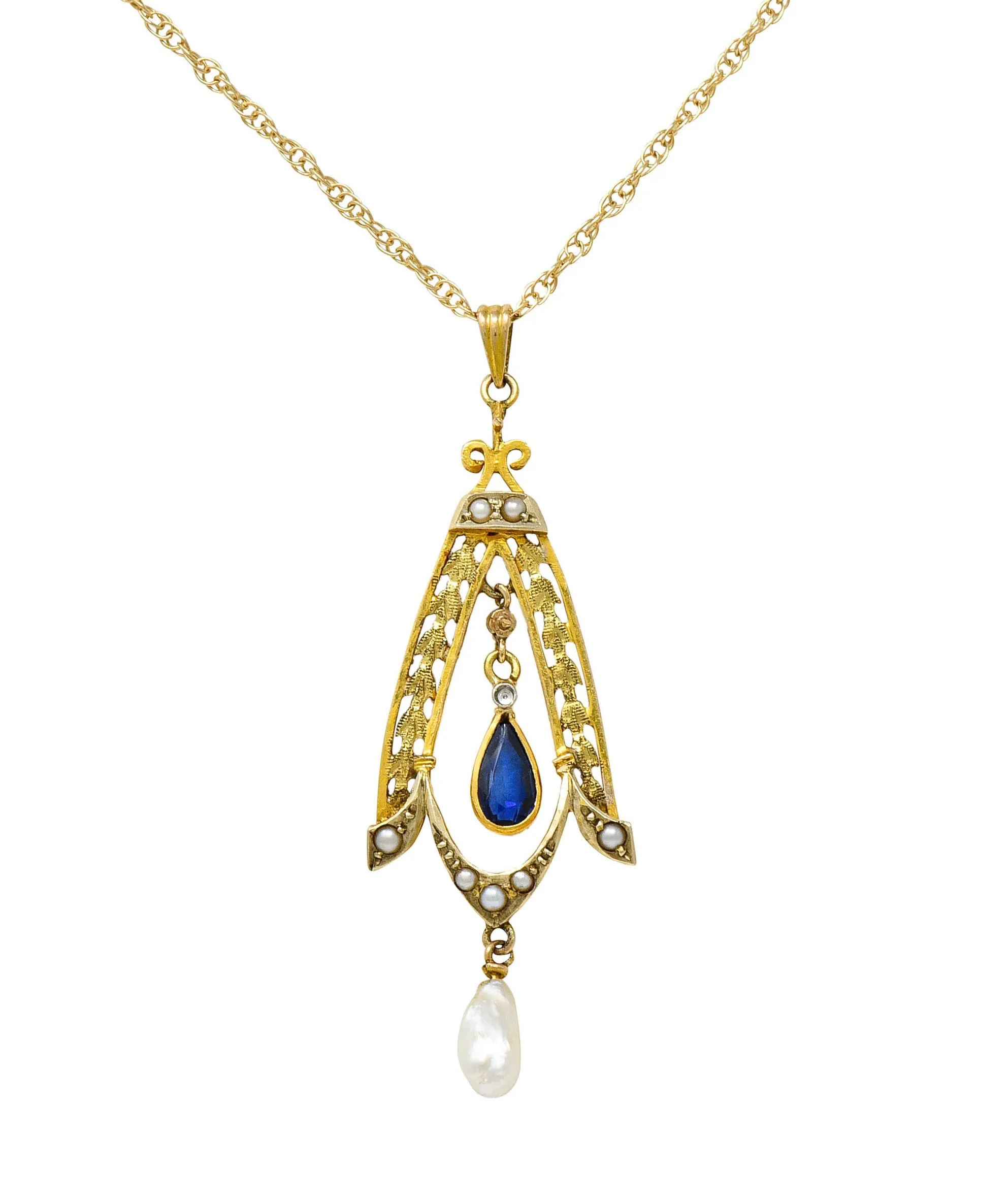 Art Nouveau Sapphire Pearl 14 Karat Two-Tone Gold Laurel Pendant Necklace
