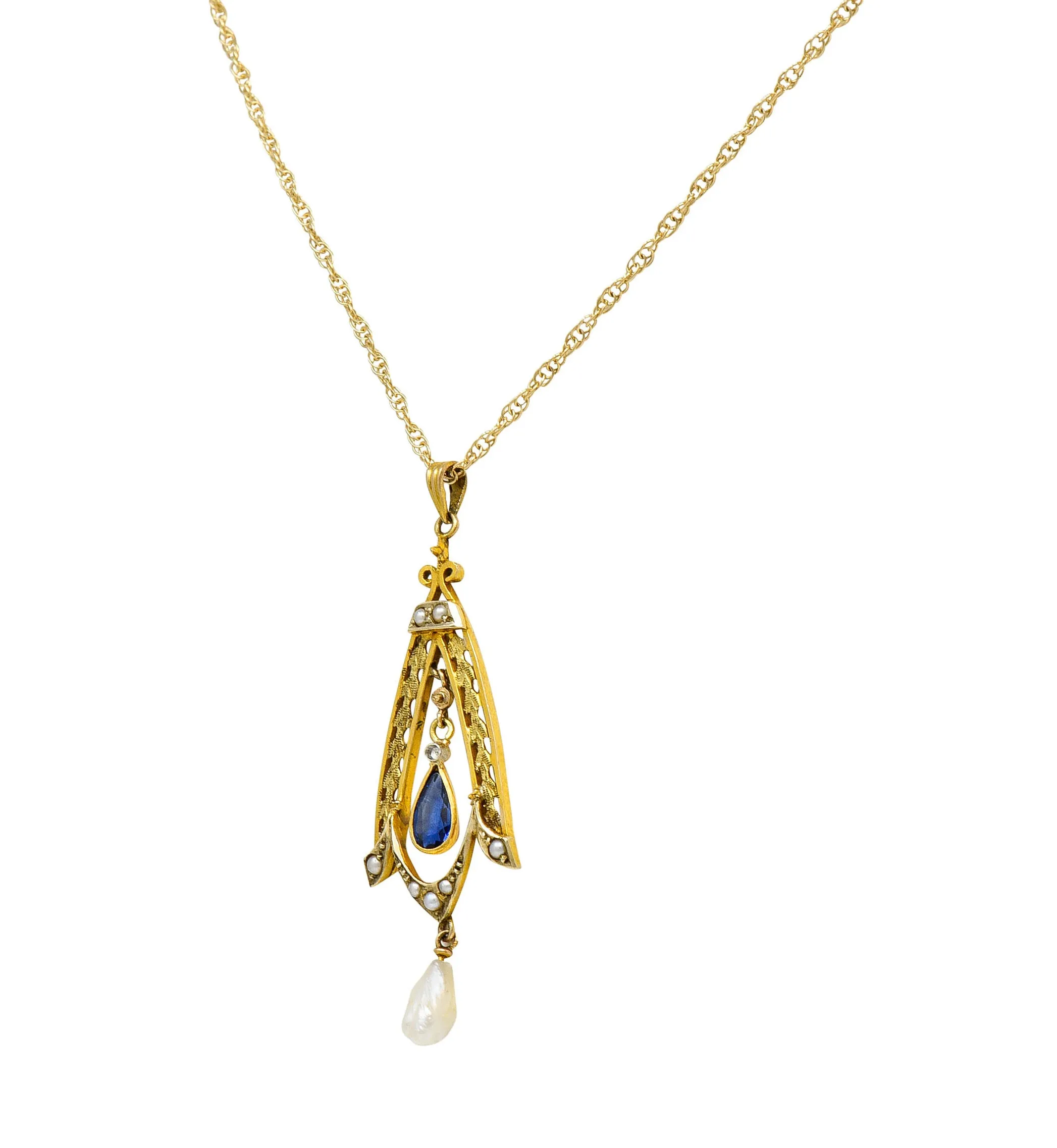 Art Nouveau Sapphire Pearl 14 Karat Two-Tone Gold Laurel Pendant Necklace