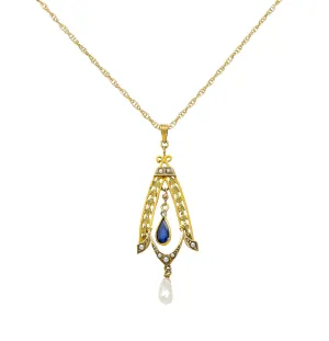 Art Nouveau Sapphire Pearl 14 Karat Two-Tone Gold Laurel Pendant Necklace