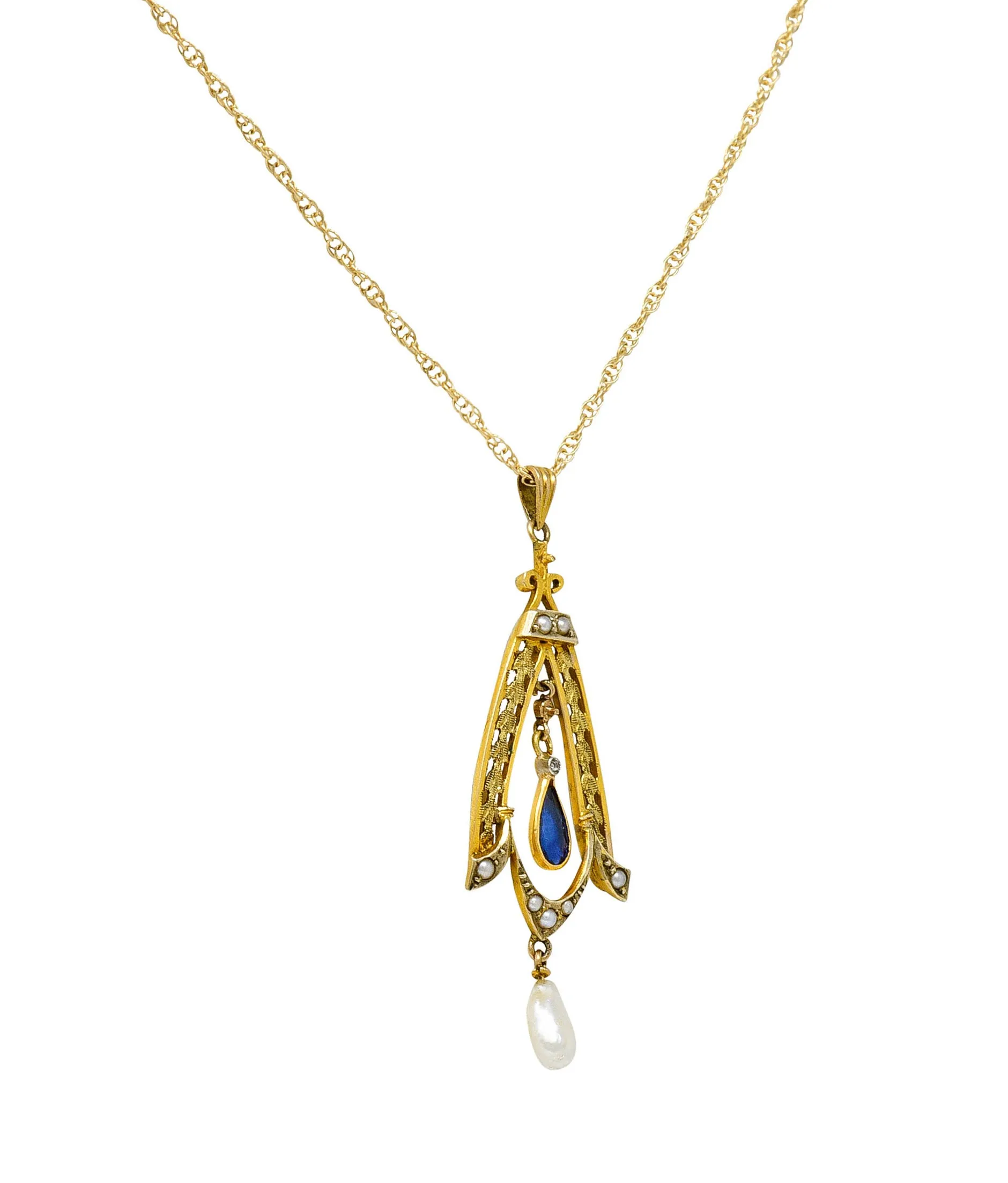 Art Nouveau Sapphire Pearl 14 Karat Two-Tone Gold Laurel Pendant Necklace