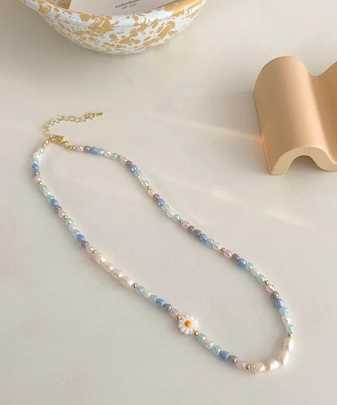 Art Rainbow Alloy Pearl Floral Beading Gratuated Bead Necklace