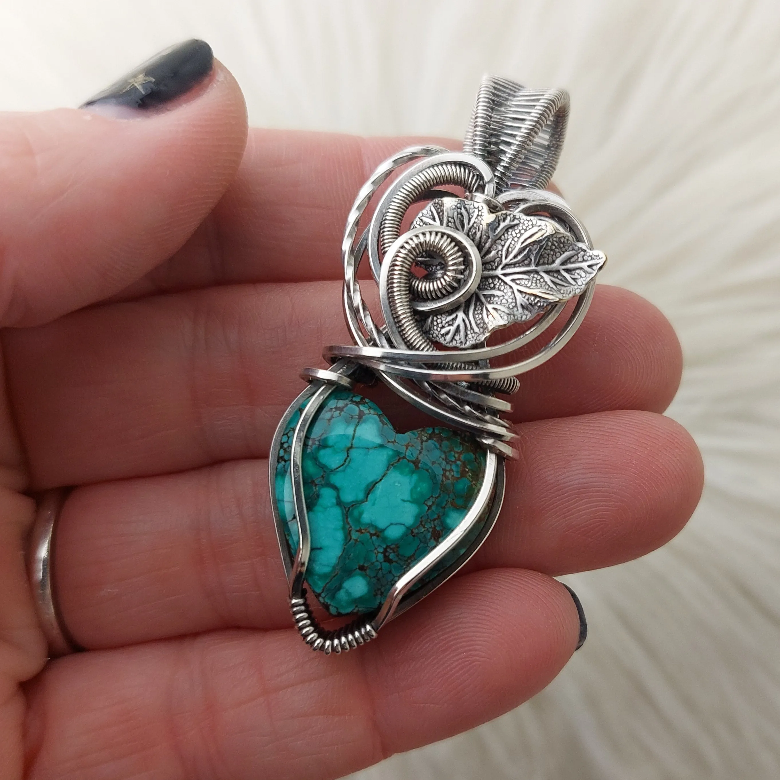 Artisan Cut Hubei Turquoise Heart Pendant In Sterling Silver
