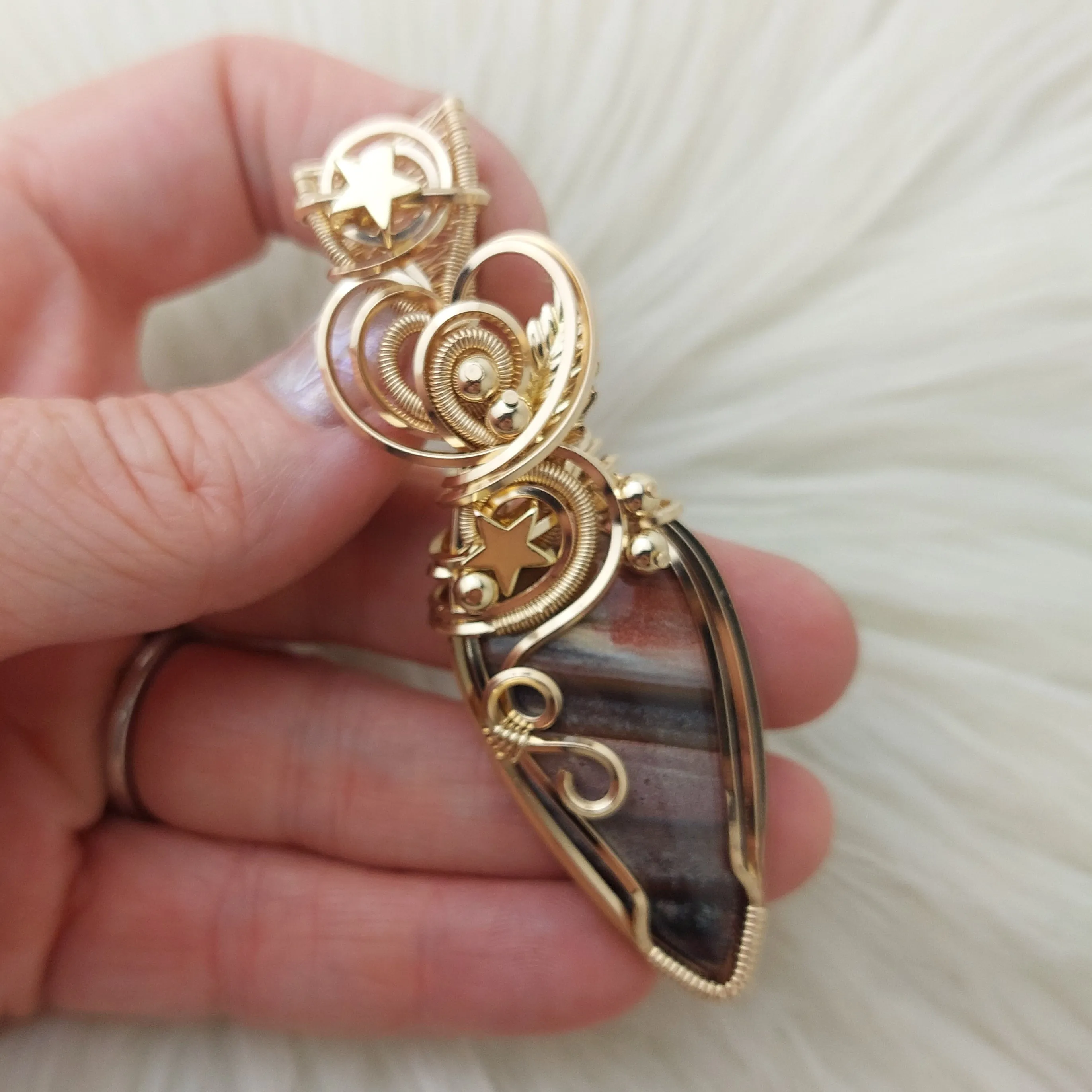 Artisan Cut porcelain Jasper And Gold Fill Statement Pendant