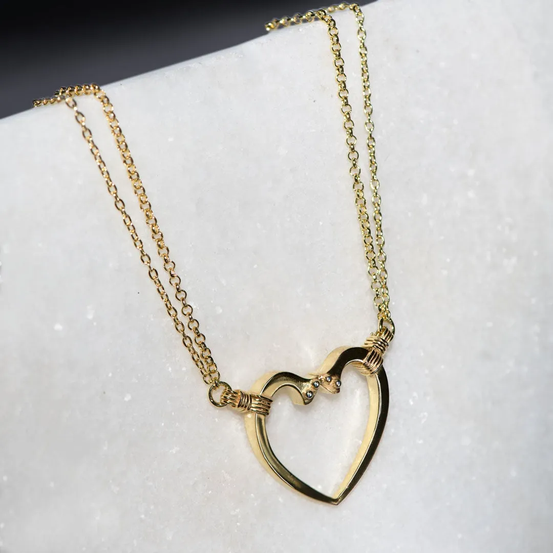 Ava - Horseshoe Nail Heart Pendant and Double Chain 14K Gold on Sterling Silver Necklace