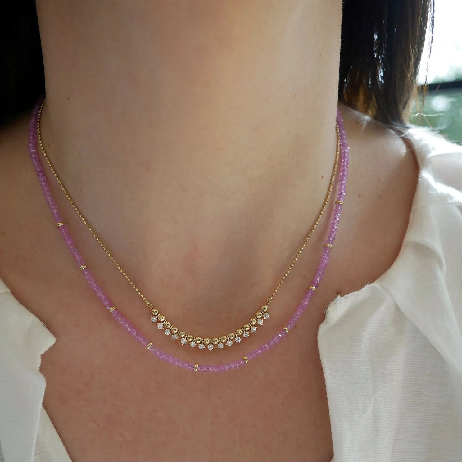 Birthstone Bead Necklace  In Pink Sapphire