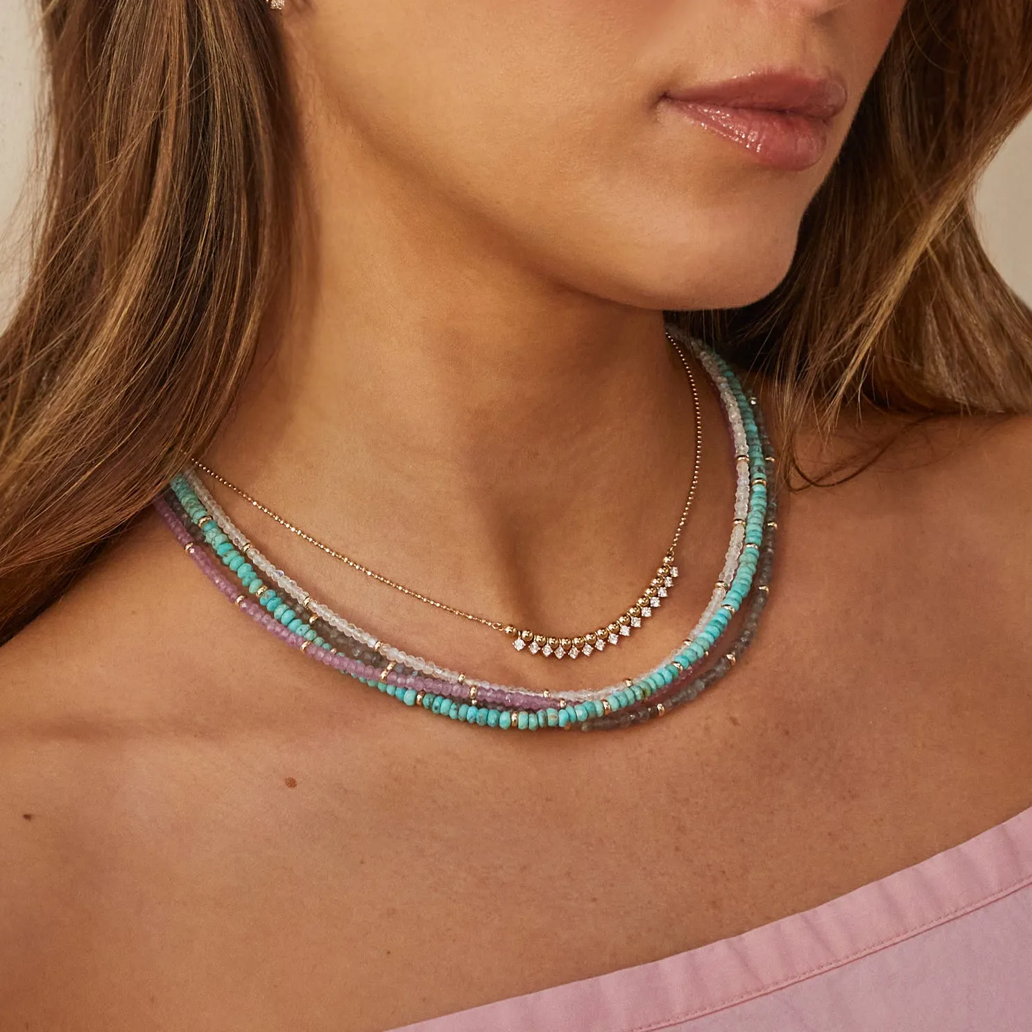 Birthstone Bead Necklace  In Pink Sapphire
