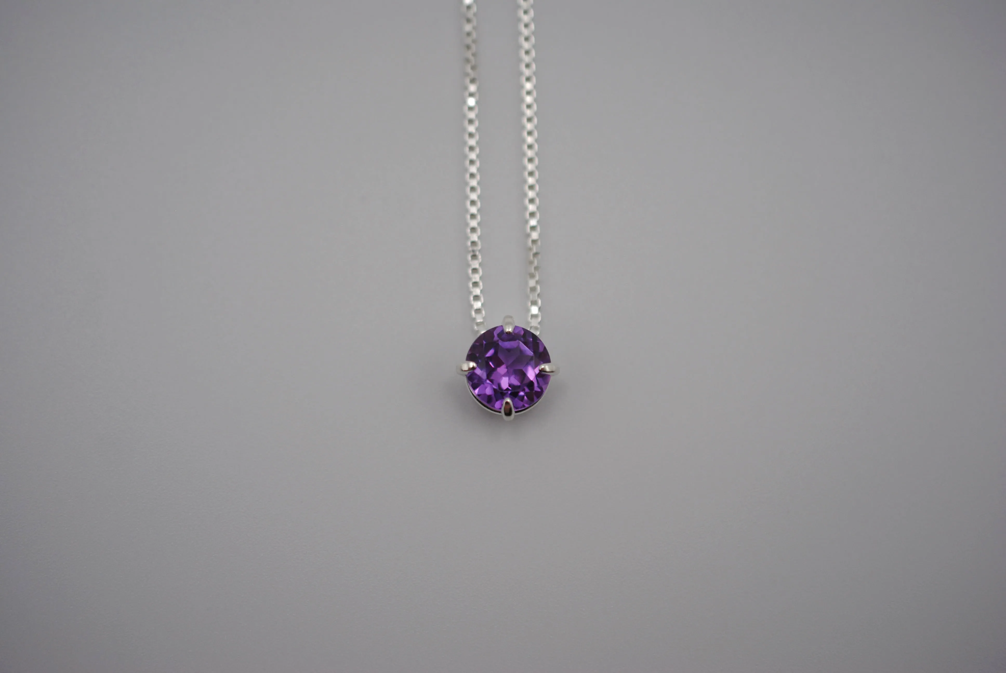 Birthstone Necklace: Round Amethyst, Silver Prong Setting, Adjustable Chain
