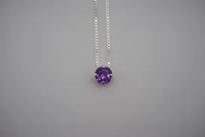 Birthstone Necklace: Round Amethyst, Silver Prong Setting, Adjustable Chain