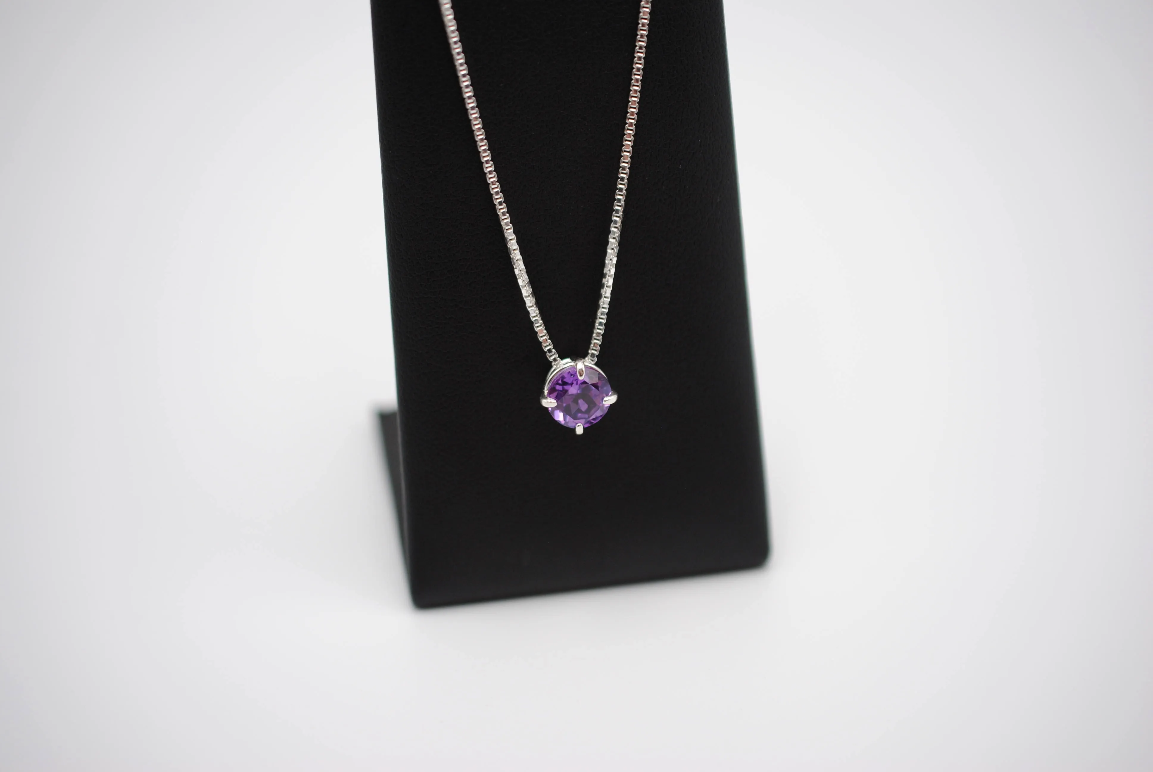 Birthstone Necklace: Round Amethyst, Silver Prong Setting, Adjustable Chain