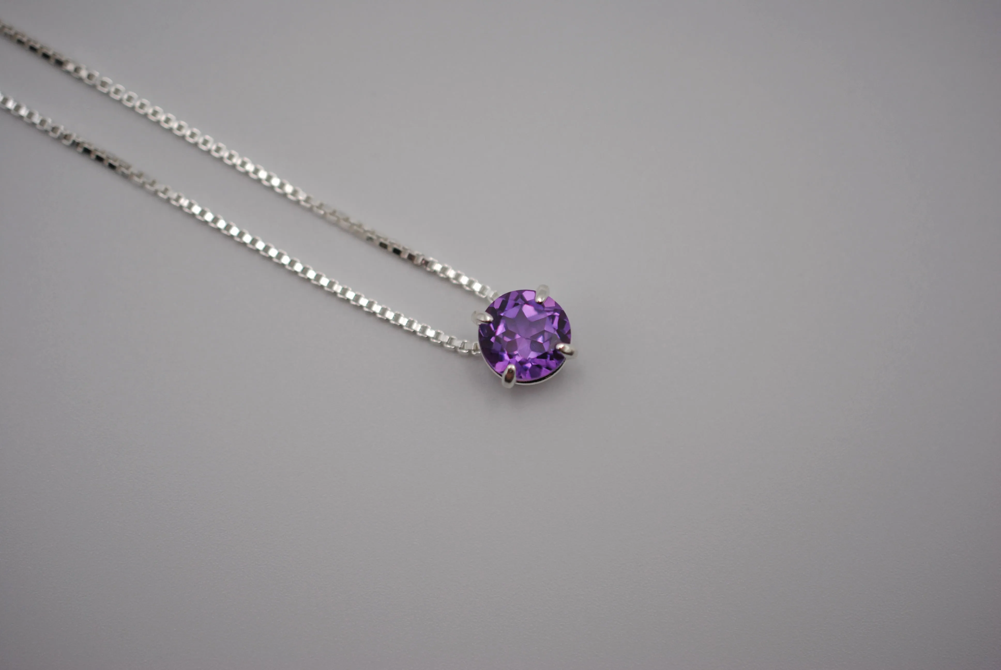 Birthstone Necklace: Round Amethyst, Silver Prong Setting, Adjustable Chain