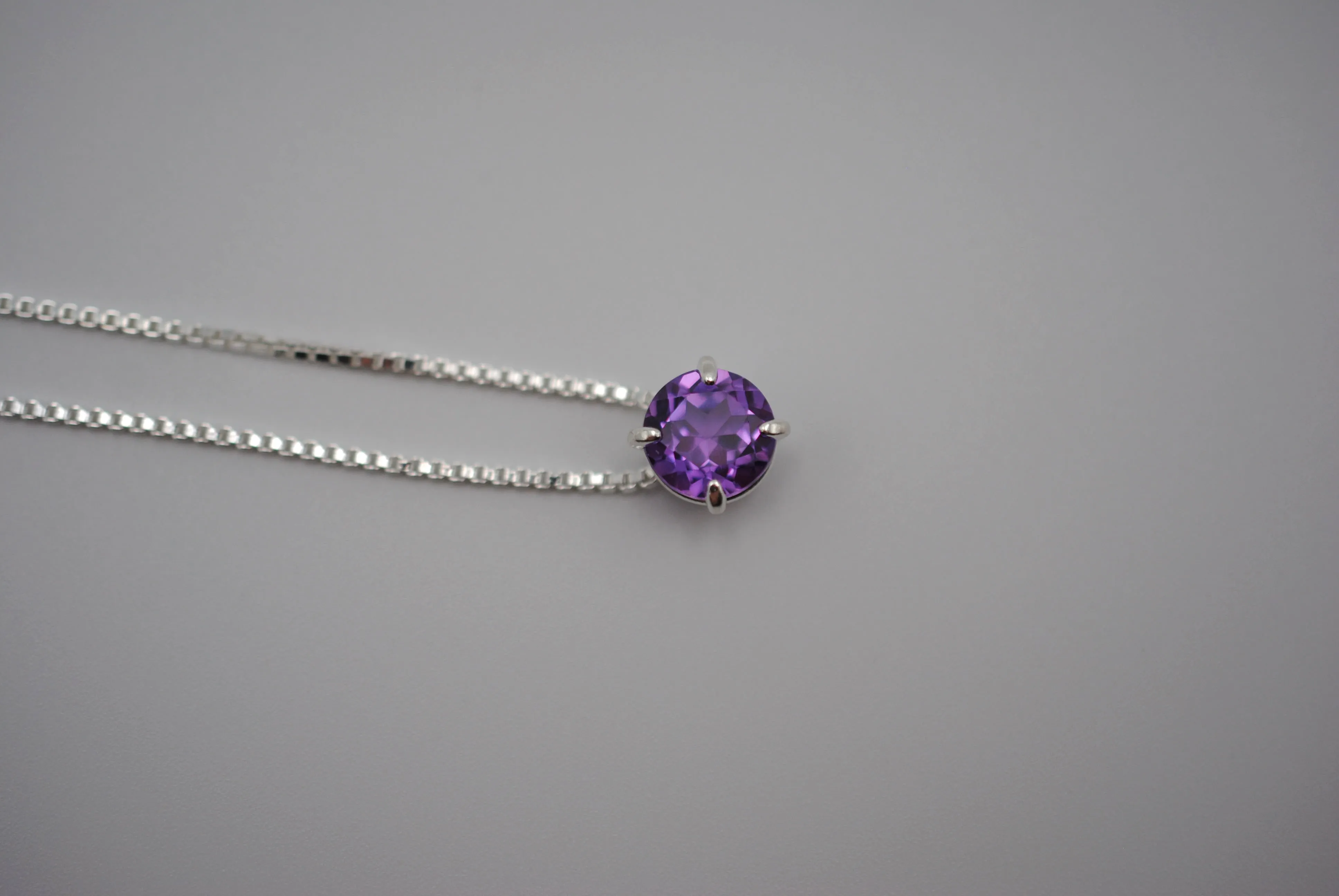Birthstone Necklace: Round Amethyst, Silver Prong Setting, Adjustable Chain