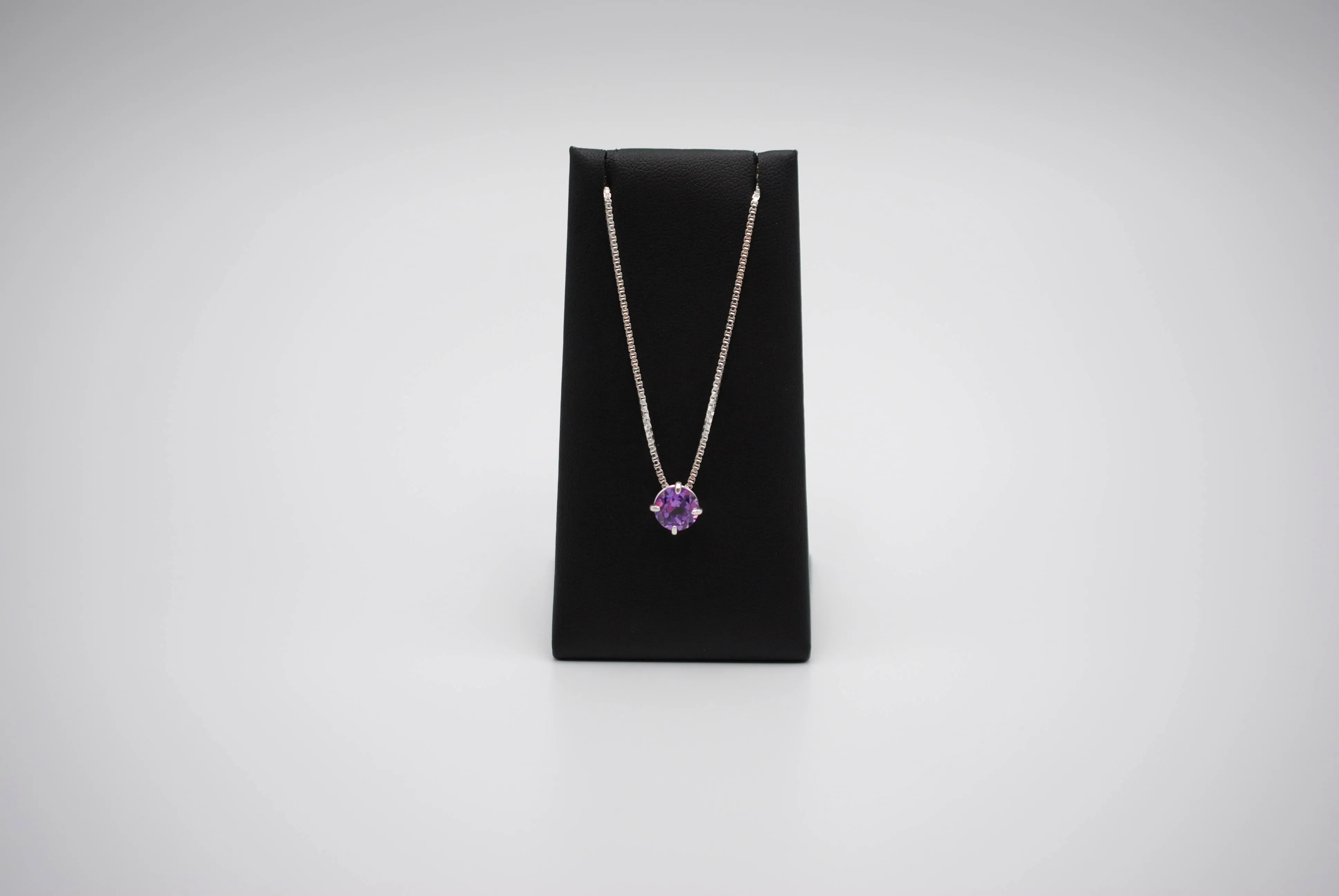 Birthstone Necklace: Round Amethyst, Silver Prong Setting, Adjustable Chain