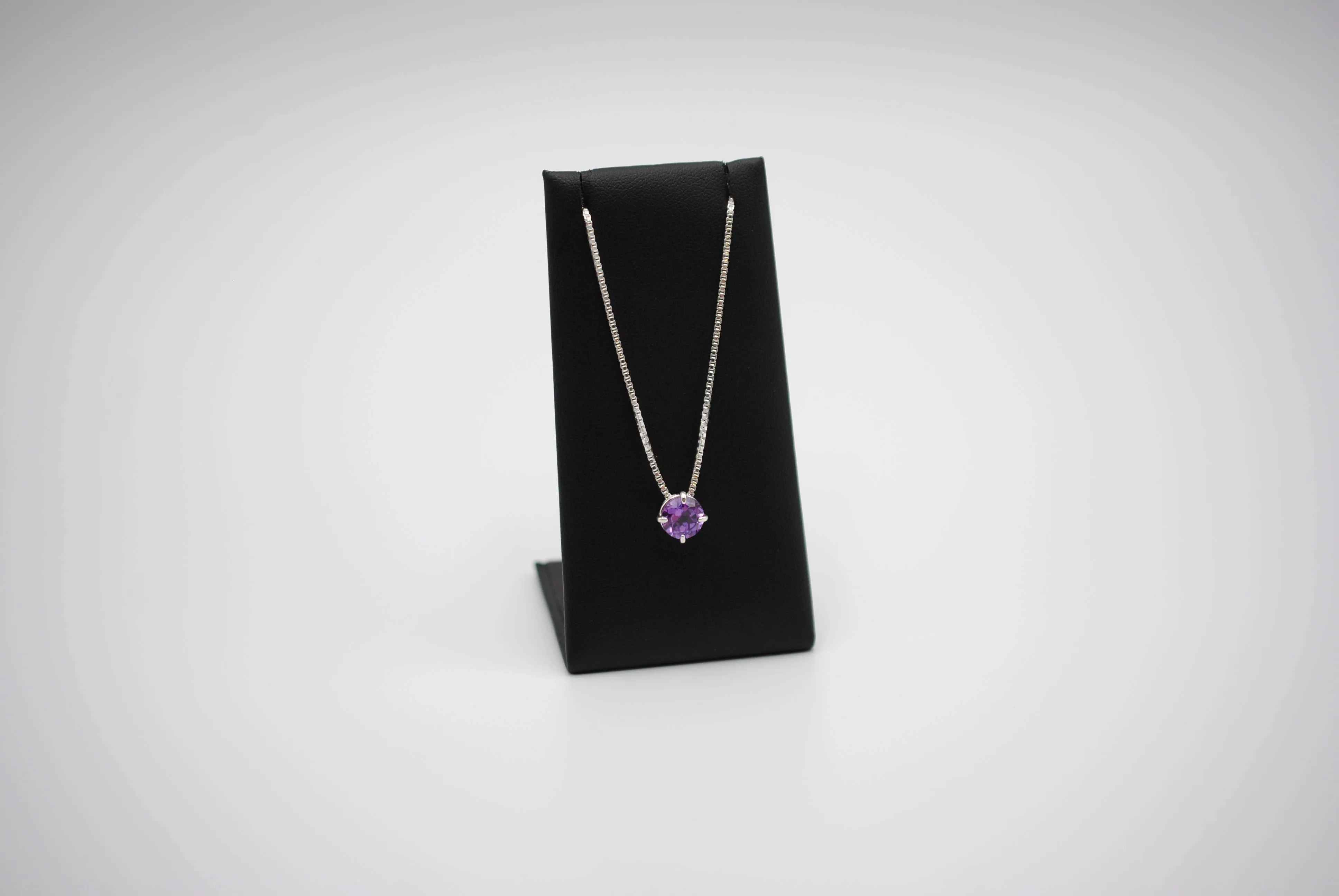 Birthstone Necklace: Round Amethyst, Silver Prong Setting, Adjustable Chain