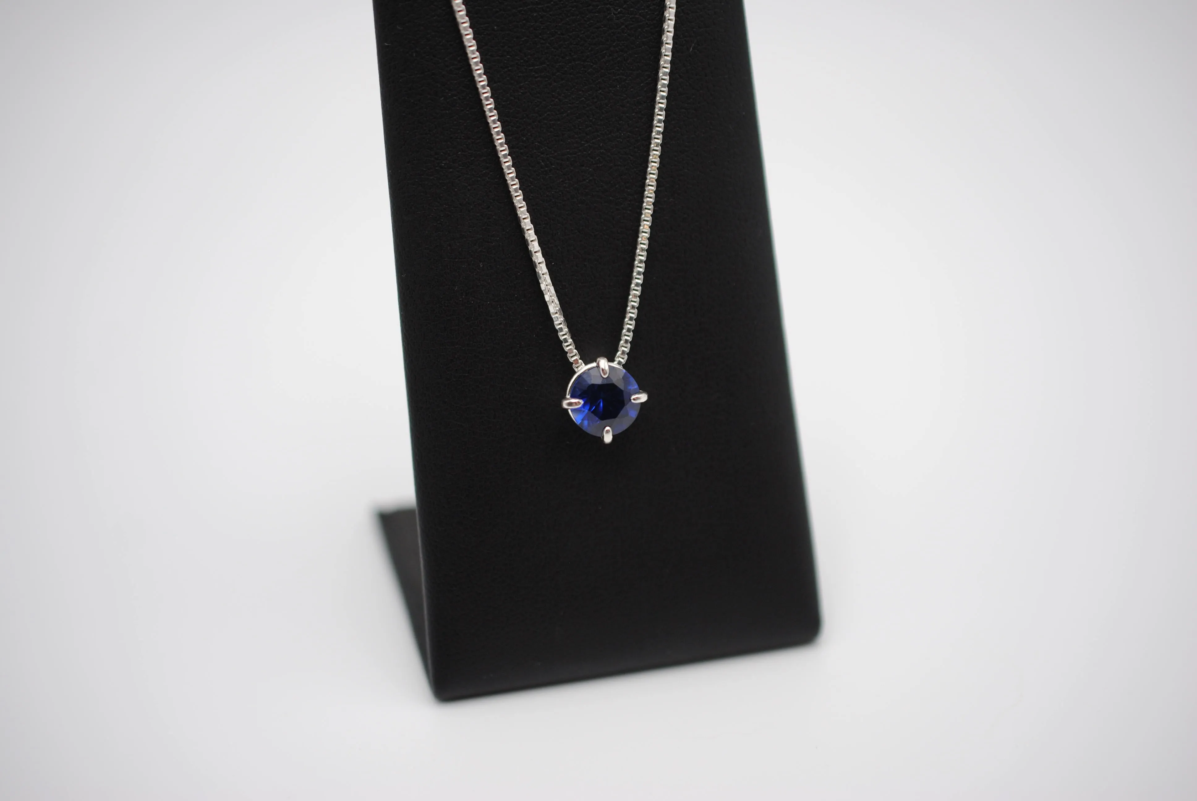 Birthstone Necklace: Round Sapphire, Silver Prong Setting, Adjustable Box Chain