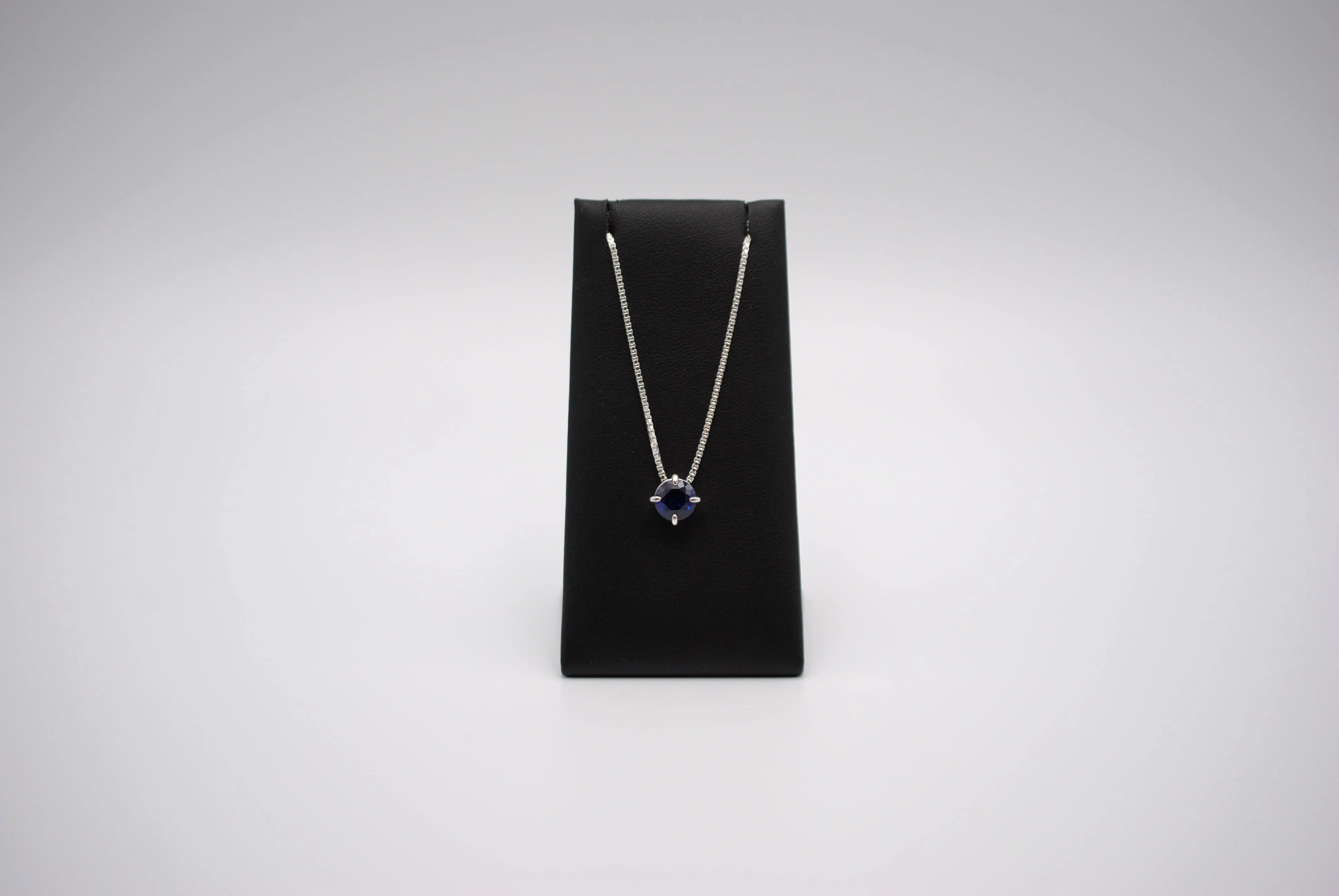 Birthstone Necklace: Round Sapphire, Silver Prong Setting, Adjustable Box Chain