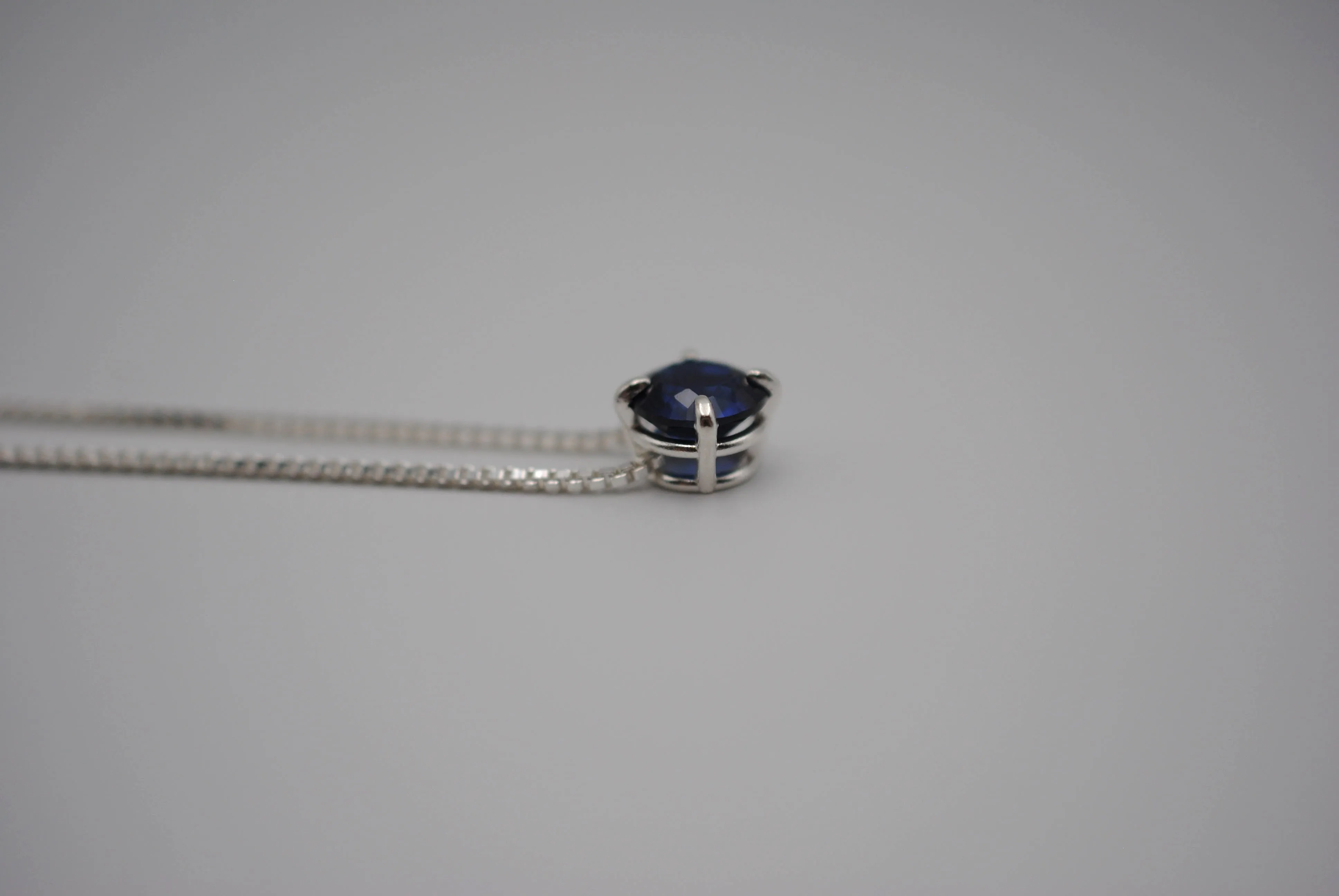Birthstone Necklace: Round Sapphire, Silver Prong Setting, Adjustable Box Chain