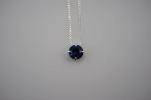 Birthstone Necklace: Round Sapphire, Silver Prong Setting, Adjustable Box Chain