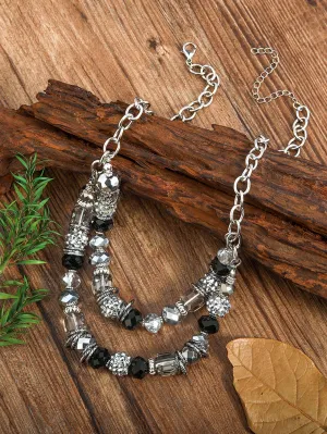 Black and Silver Crystal Bead Multi Layer Necklace