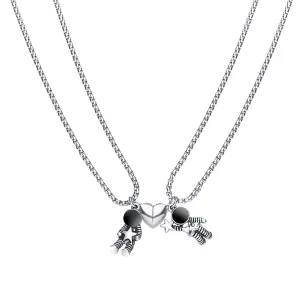 Black Enamel & Silver-Plated Heart Astronaut Pendant Necklace Set
