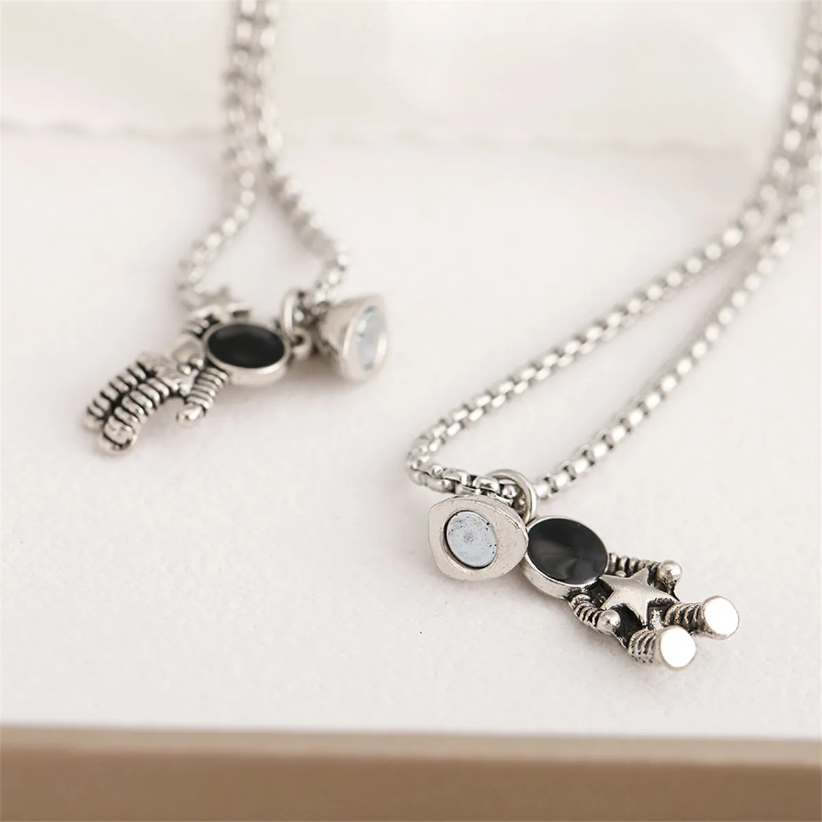 Black Enamel & Silver-Plated Heart Astronaut Pendant Necklace Set