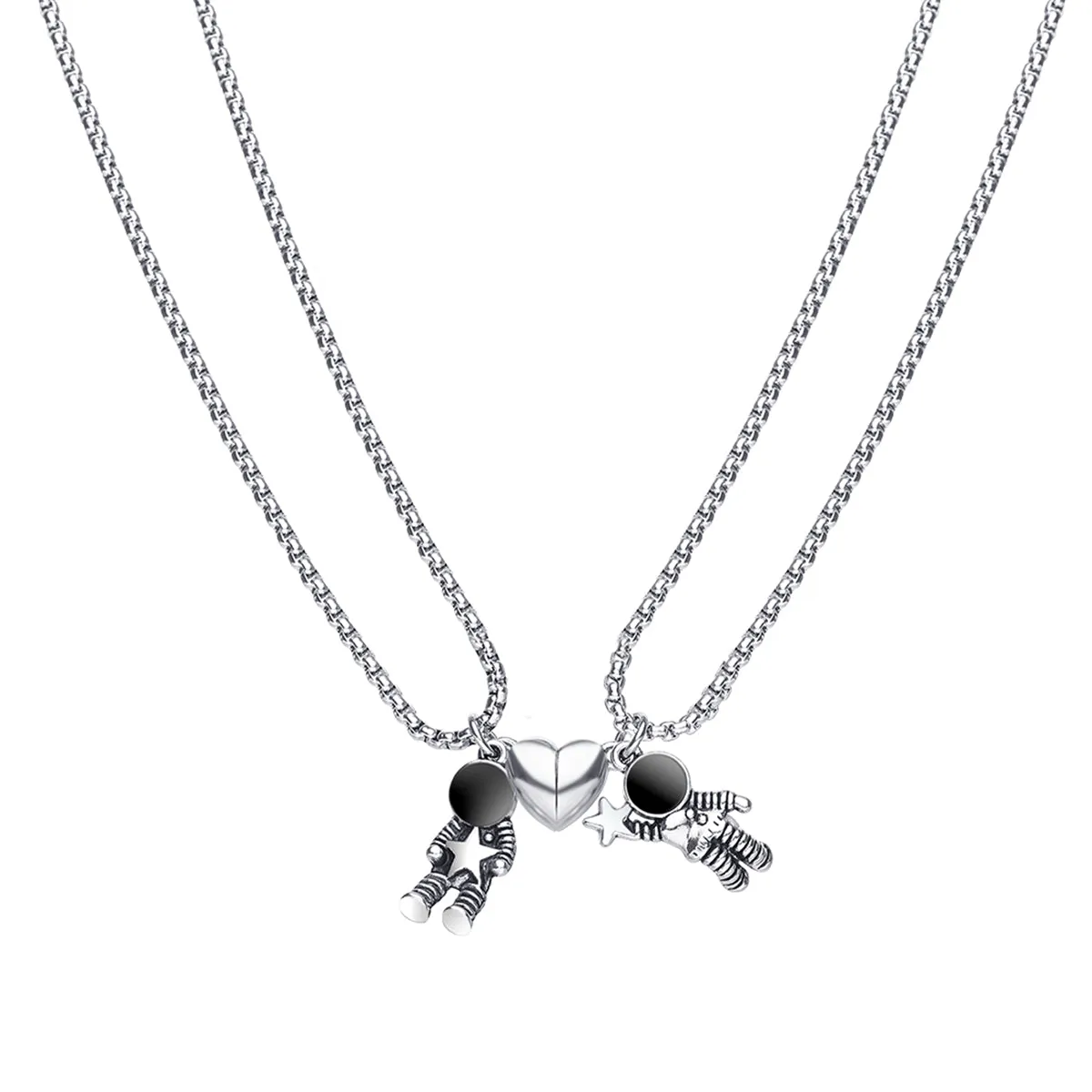 Black Enamel & Silver-Plated Heart Astronaut Pendant Necklace Set