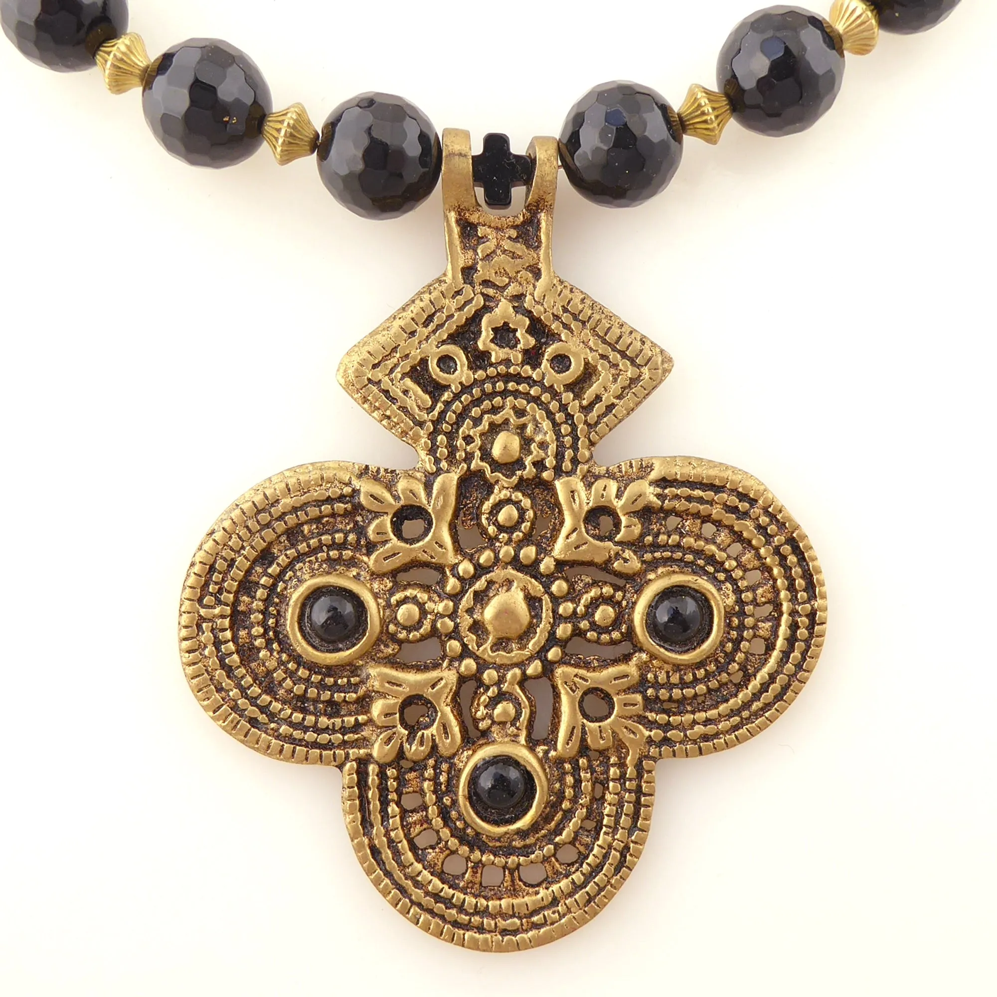 Black onyx and brass cross necklace