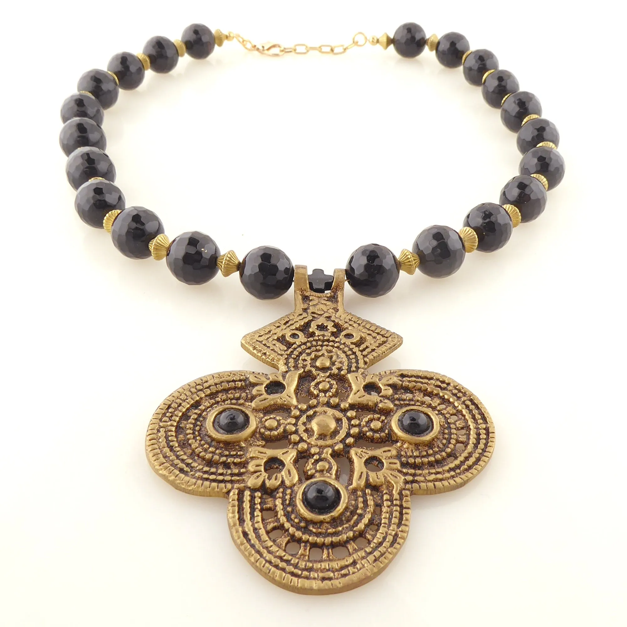 Black onyx and brass cross necklace