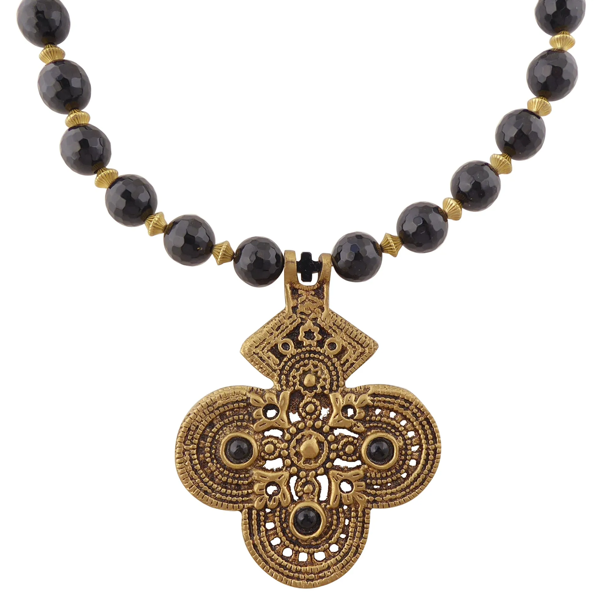Black onyx and brass cross necklace