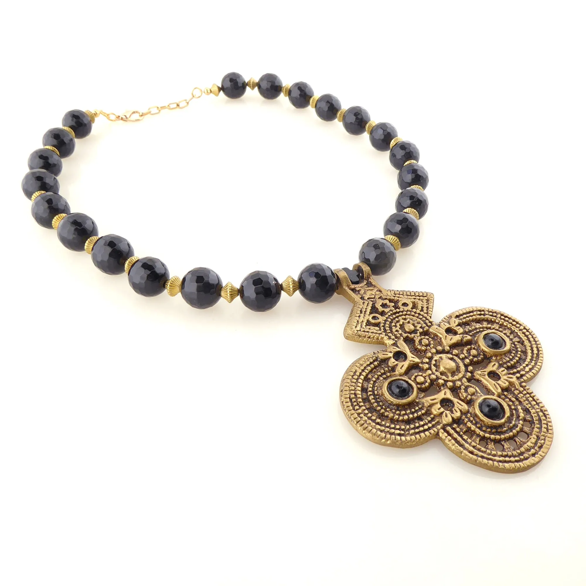Black onyx and brass cross necklace