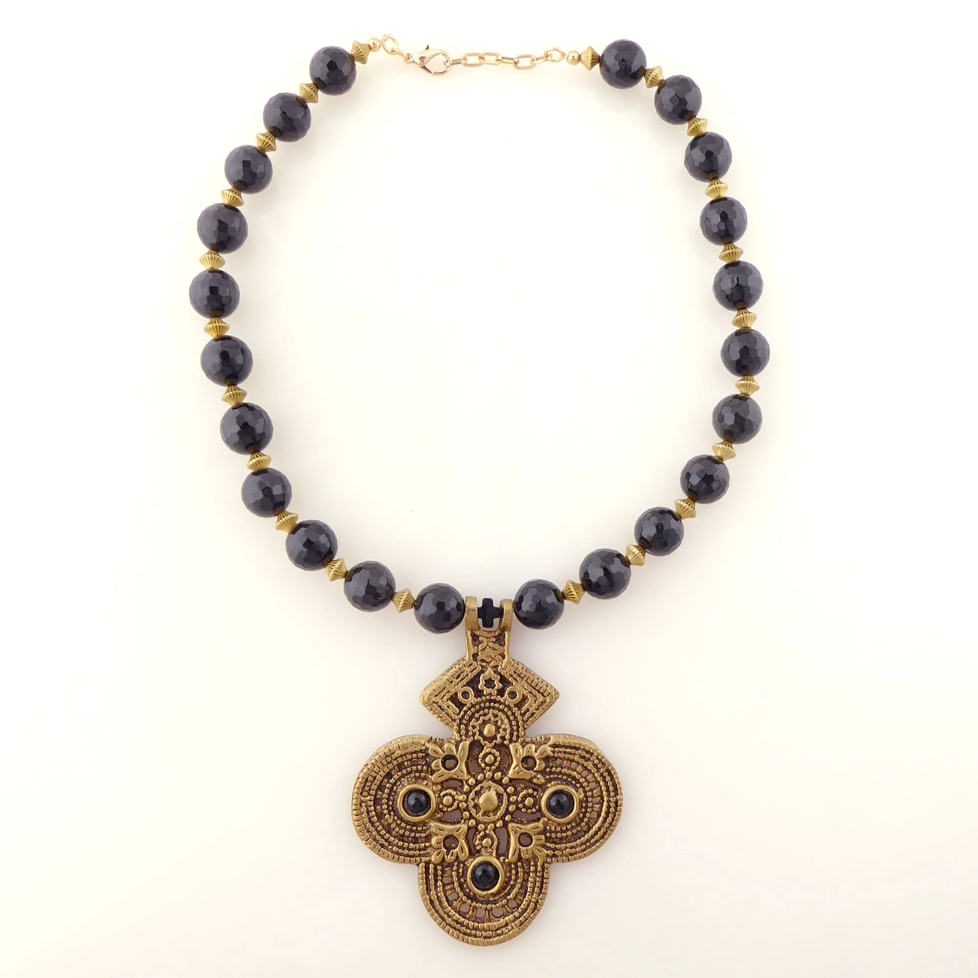 Black onyx and brass cross necklace