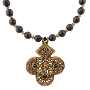 Black onyx and brass cross necklace