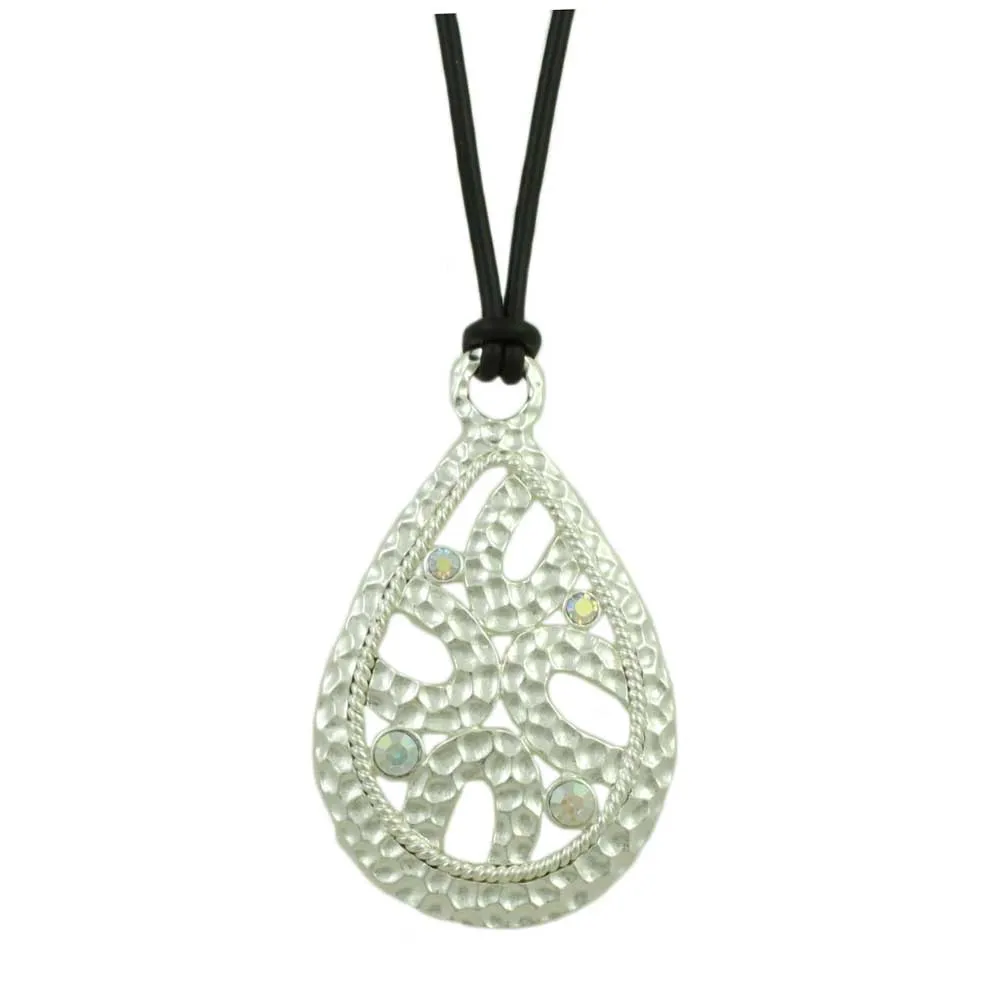 Black Rubber Cord with Silver-tone Teardrop Necklace - RSN402