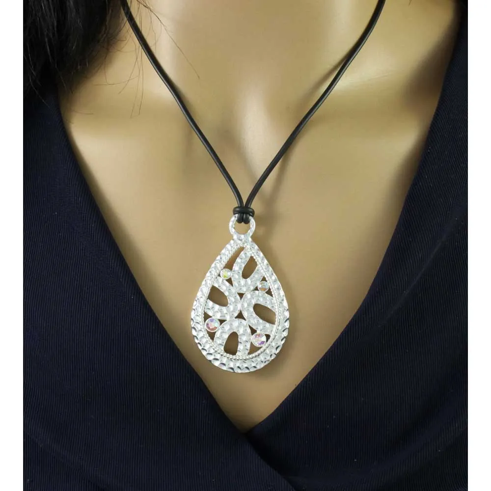 Black Rubber Cord with Silver-tone Teardrop Necklace - RSN402