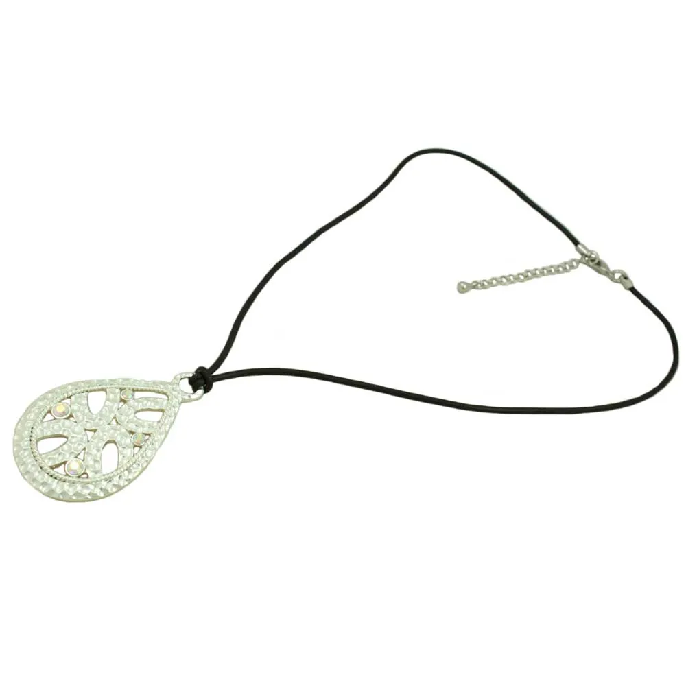 Black Rubber Cord with Silver-tone Teardrop Necklace - RSN402
