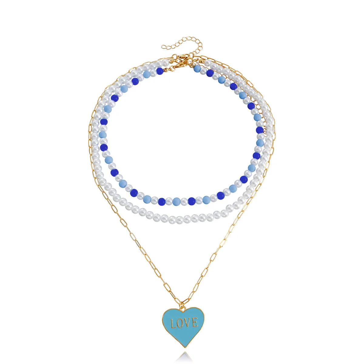 Blue Enamel & Pearl 18K Gold-Plated Heart Pendant Necklace Set