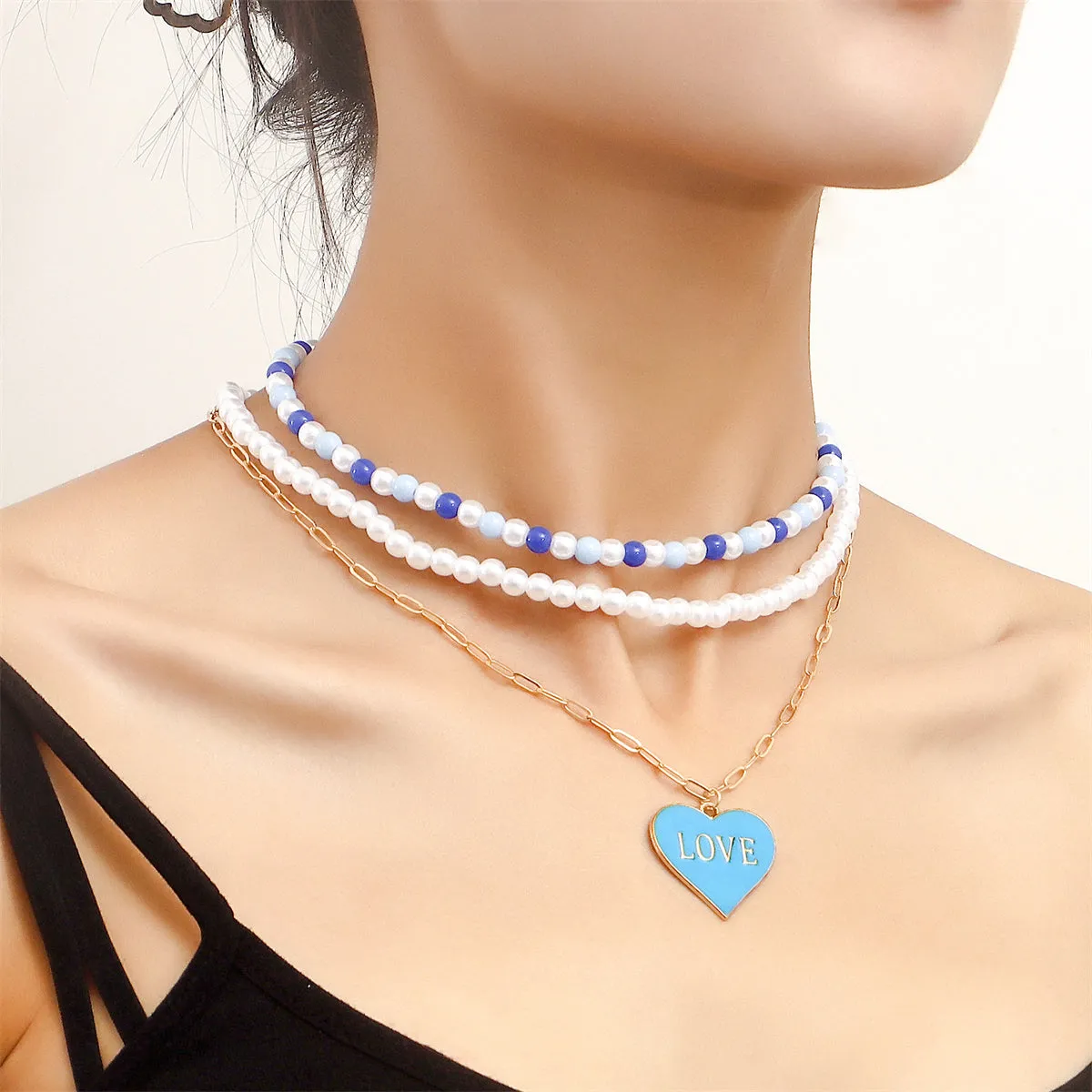 Blue Enamel & Pearl 18K Gold-Plated Heart Pendant Necklace Set