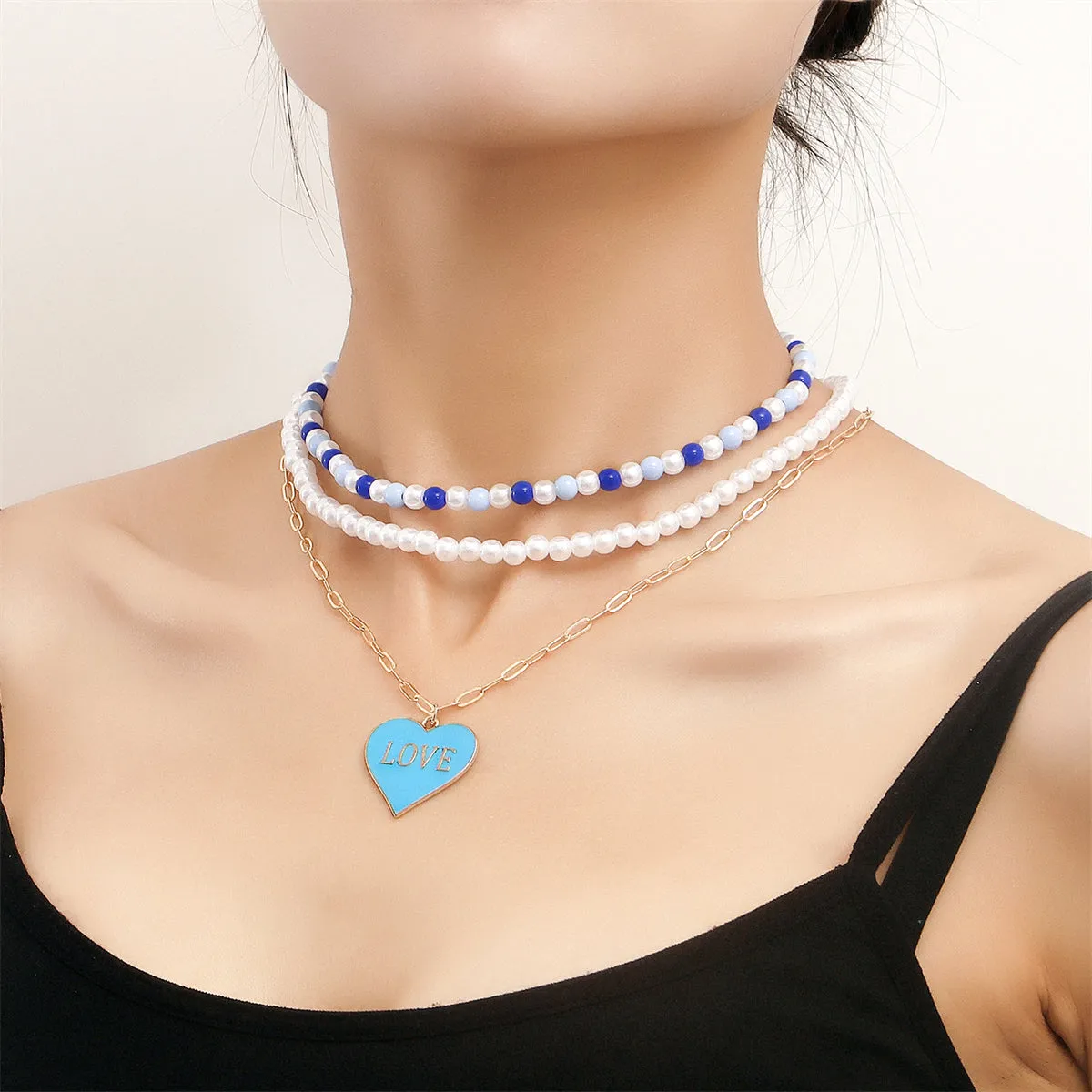 Blue Enamel & Pearl 18K Gold-Plated Heart Pendant Necklace Set