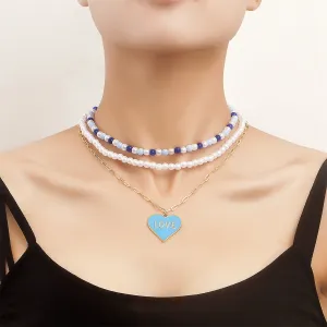 Blue Enamel & Pearl 18K Gold-Plated Heart Pendant Necklace Set