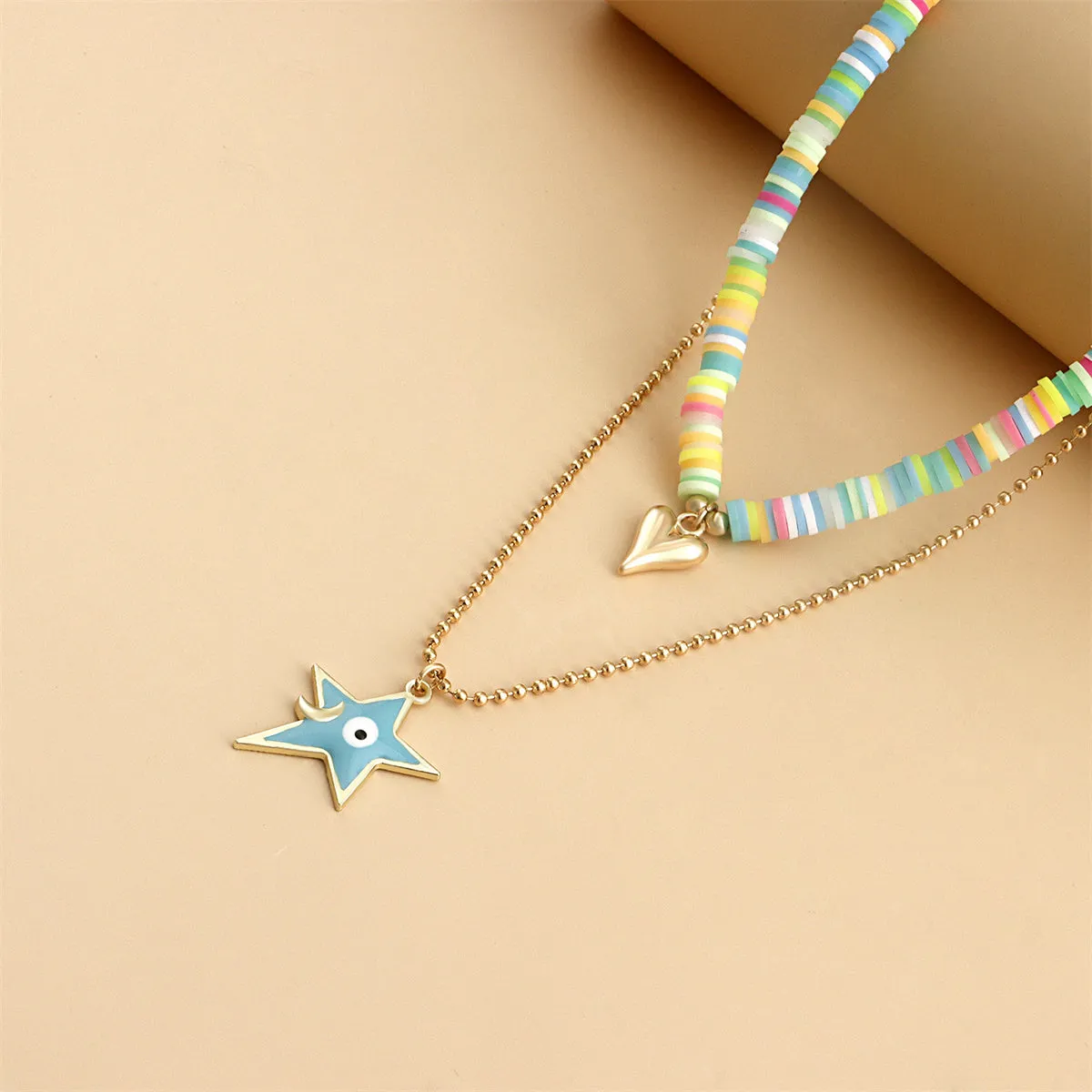 Blue Enamel & Pink Multicolor Clay Heart Star Pendant Necklace Set