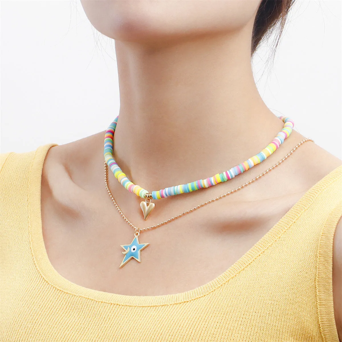 Blue Enamel & Pink Multicolor Clay Heart Star Pendant Necklace Set