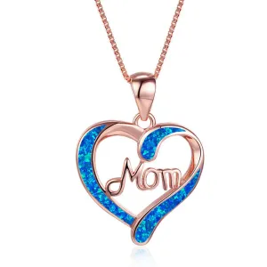 Blue MOM Heart Pendant Necklace Women Anniversary Jewelry