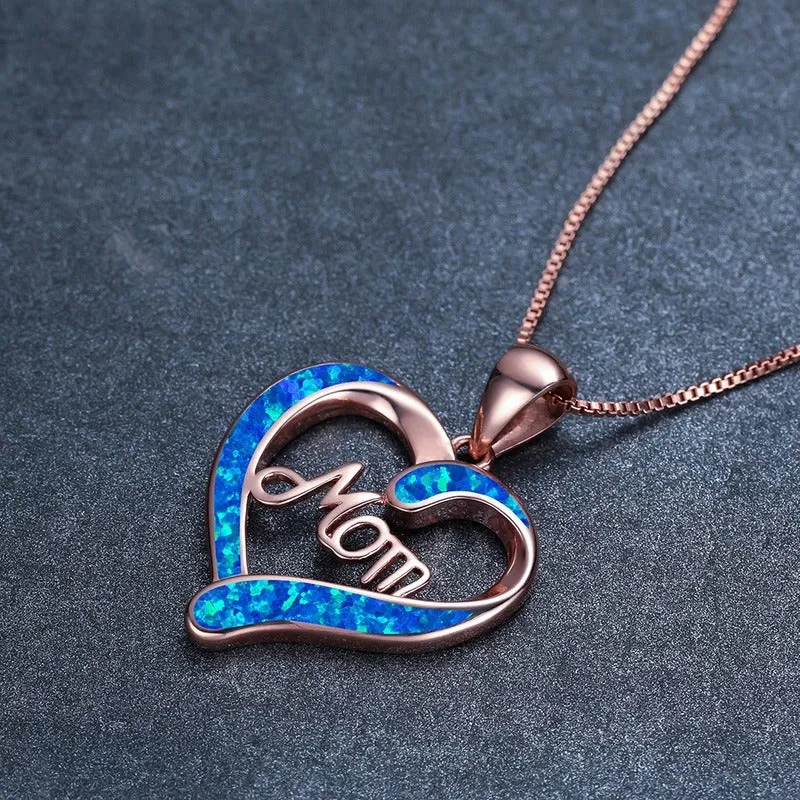 Blue MOM Heart Pendant Necklace Women Anniversary Jewelry